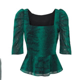 Waverly Grey Womens XS Green Snake Print Half Sleeve Square Neck Fully Lined Top