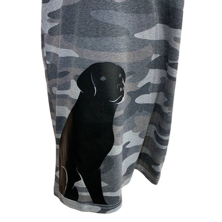Hand Printed Upcycled Small Black Lab Dog Puppy Camouflage Ruffled T-Shirt Dress