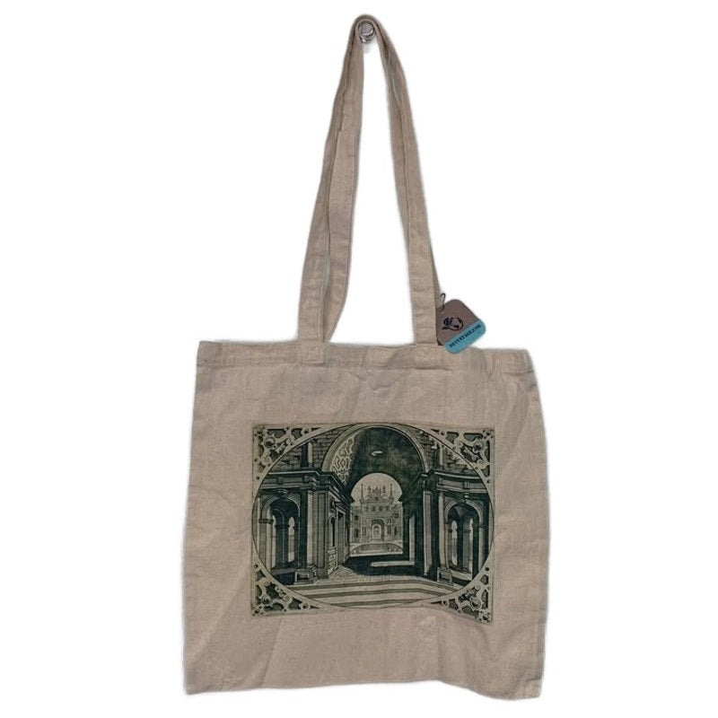 Upcycled Hand Printed Architecture Columns Castle Canvas Shopper Tote Bag