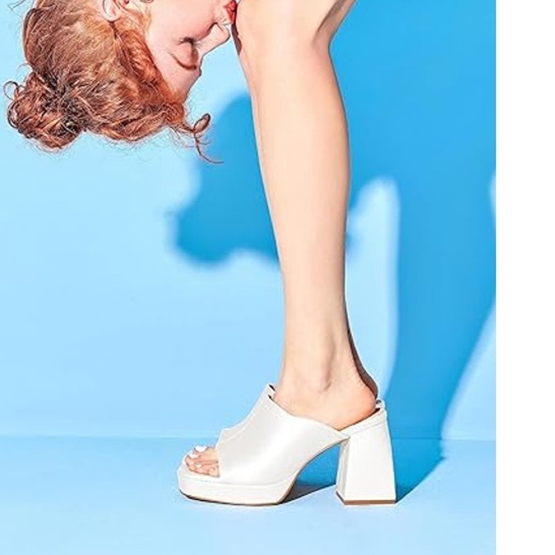 Coutgo Womens Size 9 White Faux Leather Open Toe 6" Block Heel Platform Shoes