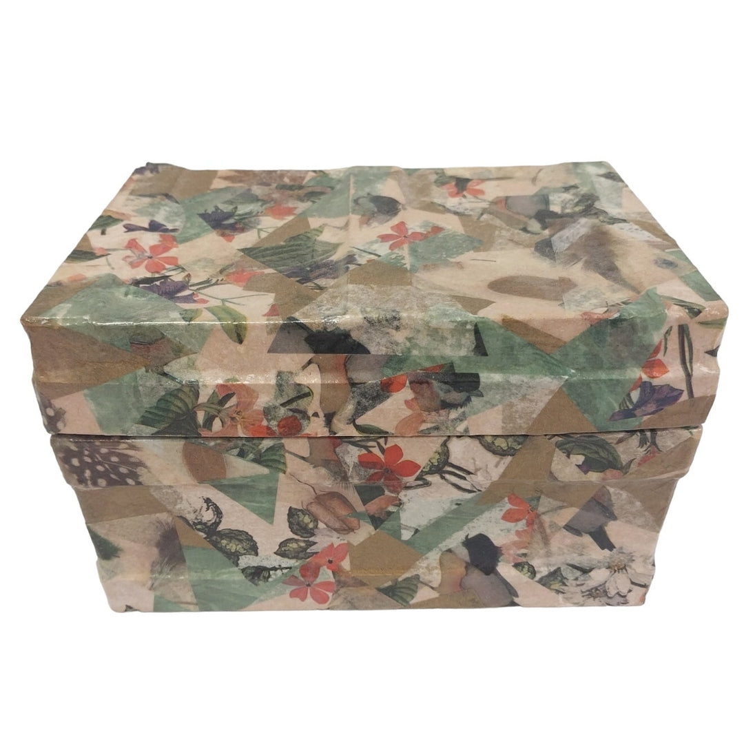 Vintage Handmade Paper Mache Floral Feathers Hinged Cardboard Box