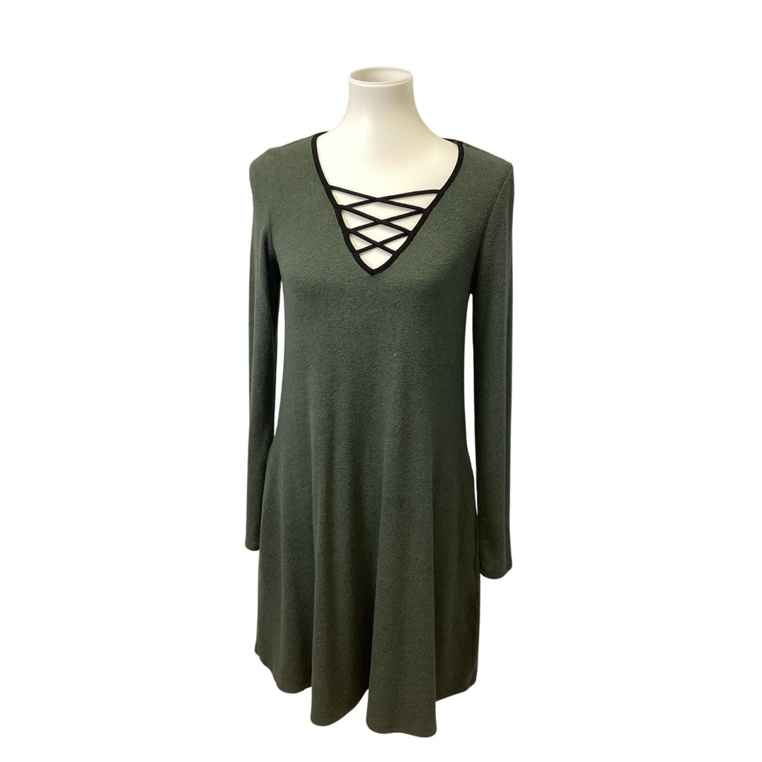 IN San Francisco Large Long Sleeve Deep V Neck A Line Rayon Blend Midi Dress