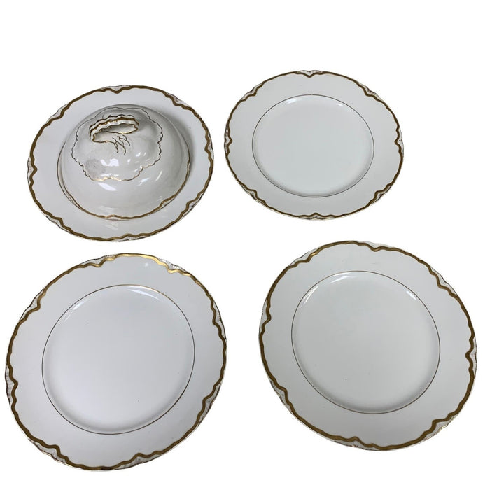 Vintage 1929 Pope-Gosser Sepia Gold Trimmed Ceramic China Dinner Plates w Lid