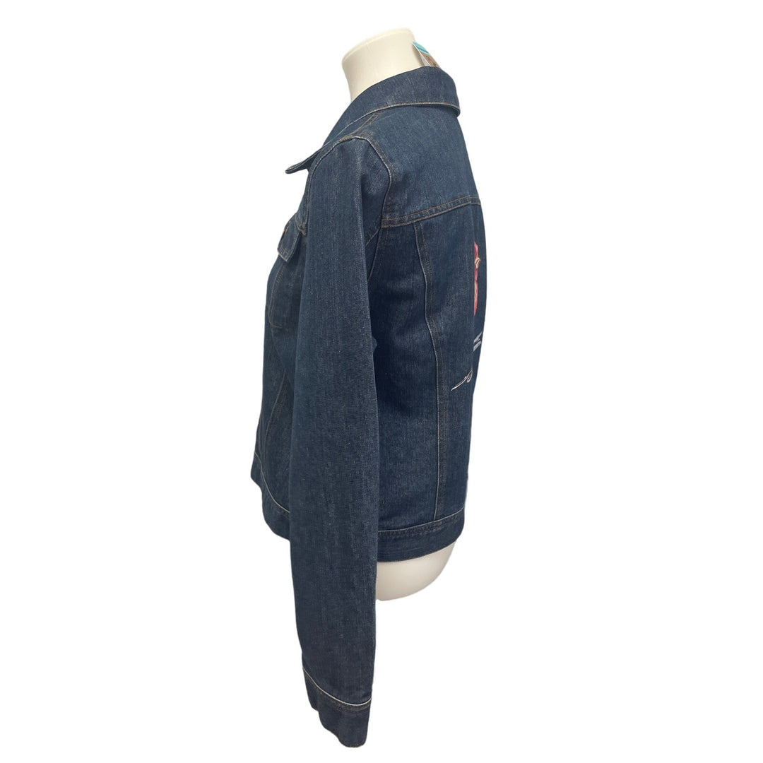 Hand Printed Upcycled Womens Large Red Finch Bird PolyCotton Denim Jean Jacket