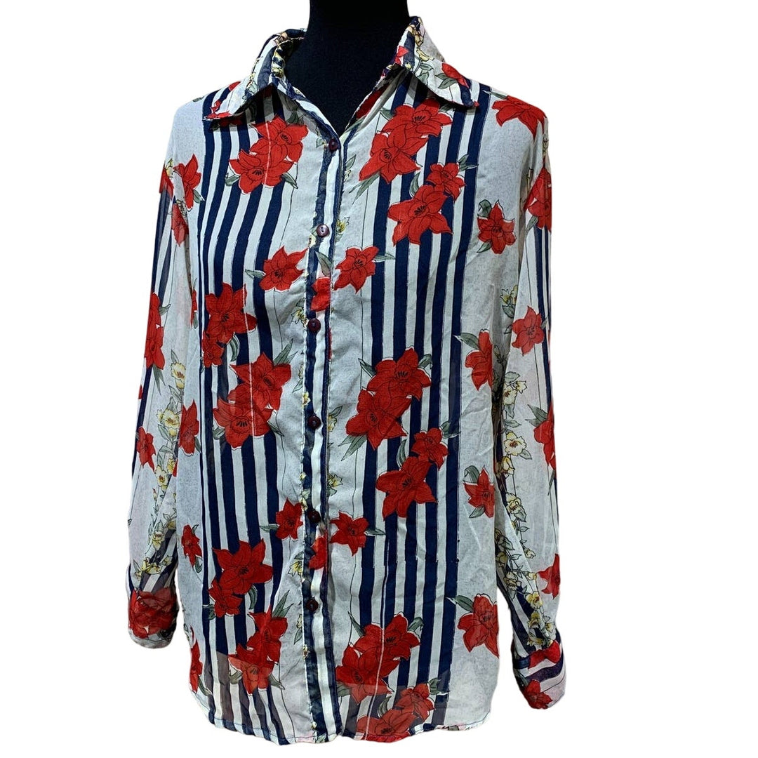 Vintage Karan Kollection Small Sheer Button Up Polyester Long Sleeve Blouse