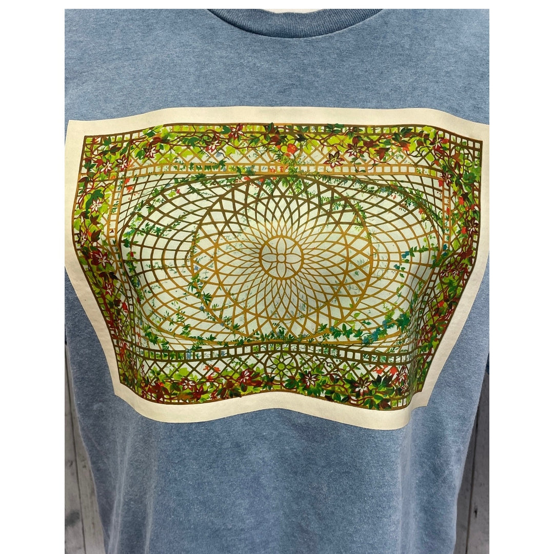 Hand Printed Upcycled Womens Large Vintage Sunroom Ceiling Floral PolyCotton Tee
