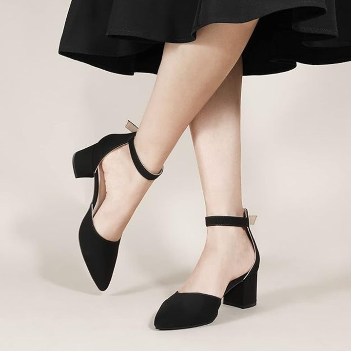 Ankis Womens Size 8.5 Black 2" Chunky Heel Closed Pointed Toe Ankle Strap Shoes