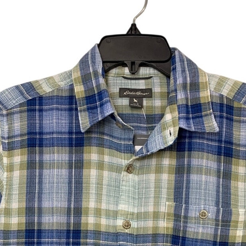 New Eddie Bauer Mens Small Blue Plaid Breezeway Button Casual Short Sleeve Shirt