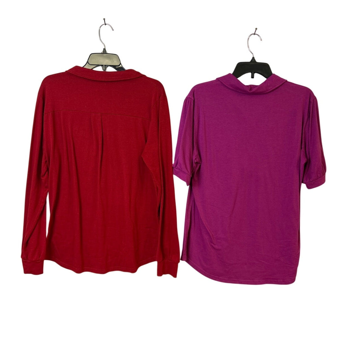 Lot of 2 Womens Large Red Magenta Long Short Sleeve Collared Henley V Neck Tops