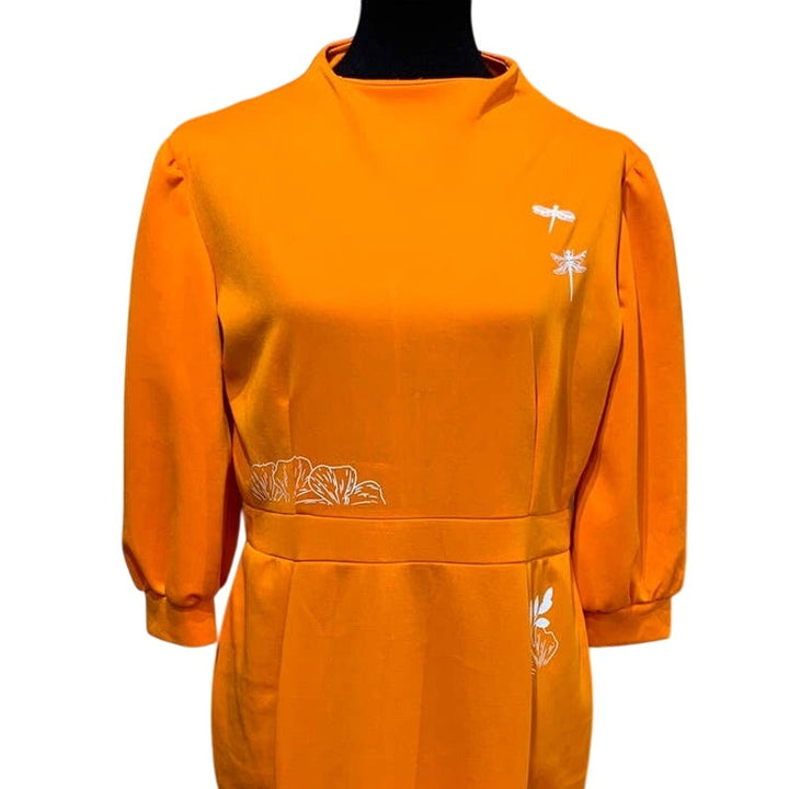 Vintage Hand Printed XL Dragonfly Long Sleeve Polyester Orange Flutter Hem Dress