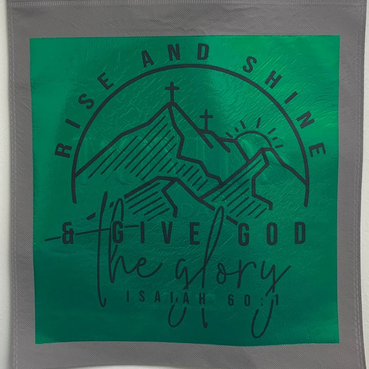 New Upcycled Hand Printed Rise &amp; Shine Give God Glory Isaiah 60:1 Tote Bag