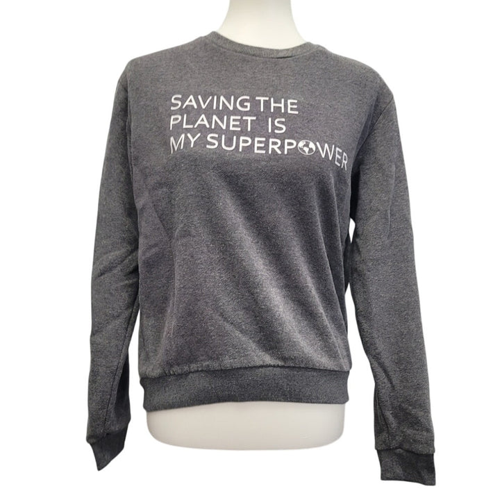 Hand Printed Upcycled Womens Medium Saving the Planet Superpower Sweatshirt