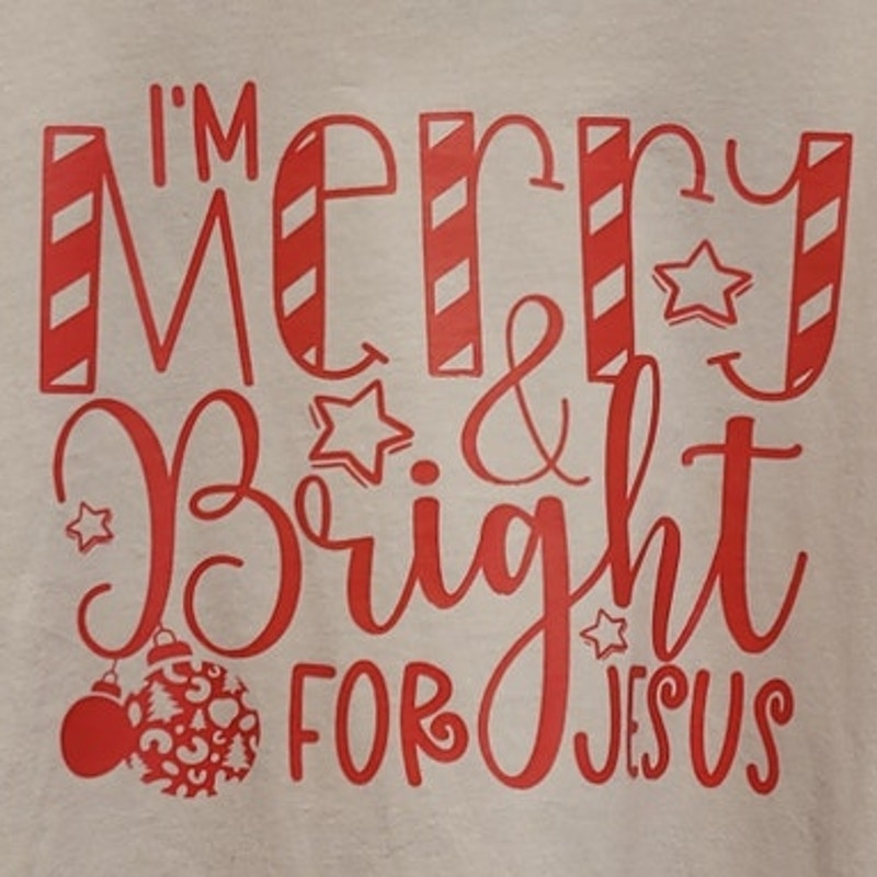 Hand Printed Upcycled Womens Medium Merry and Bright for Jesus Christmas Tee