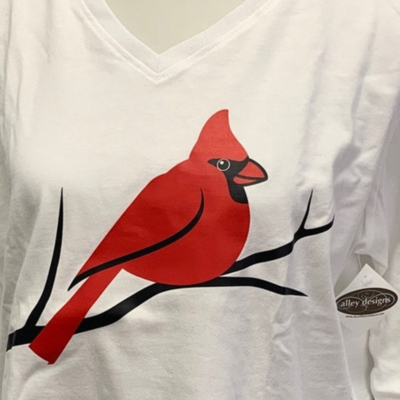 New Hand Printed Womens Large Cotton Red Cardinal Bird 3/4 Sleeve V-Neck Tee