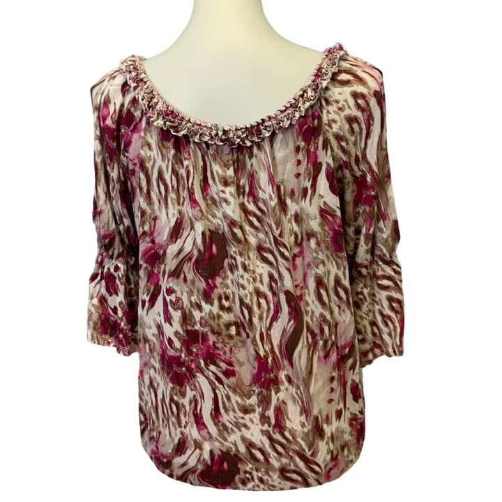 Allen B Womens Medium Cold Open Shoulder Boho Animal Print Lightweight Blouse