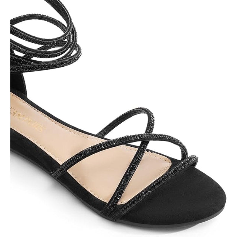 Dream Pairs Womens Size 8 Black Faux Suede Rhinestone Ankle Strap Flat Sandals