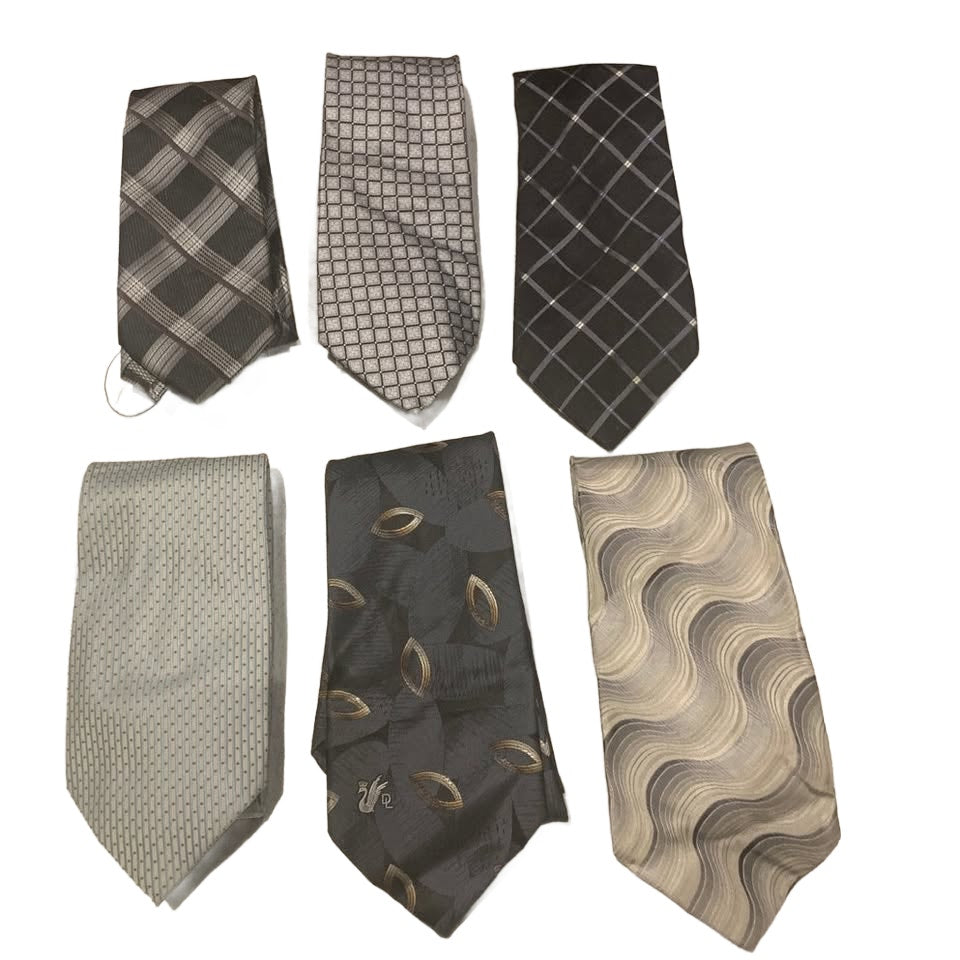 Lot of 6 Gray White Silver Plaid Waves Geometric Vintage &amp; Newer Mens Neck Ties