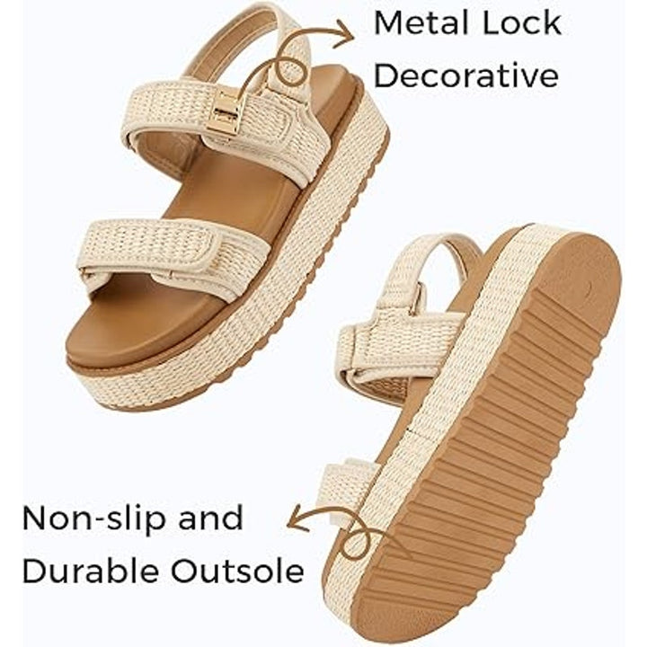 Lucky Step Womens Size 7 Tan Raffia Hook Loop 2" Platform Open Toe Sandal Shoes