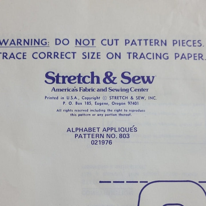 Vintage 1976 Stretch &amp; Sew 803 Alphabet Appliques Pattern Letters &amp; Numbers Only