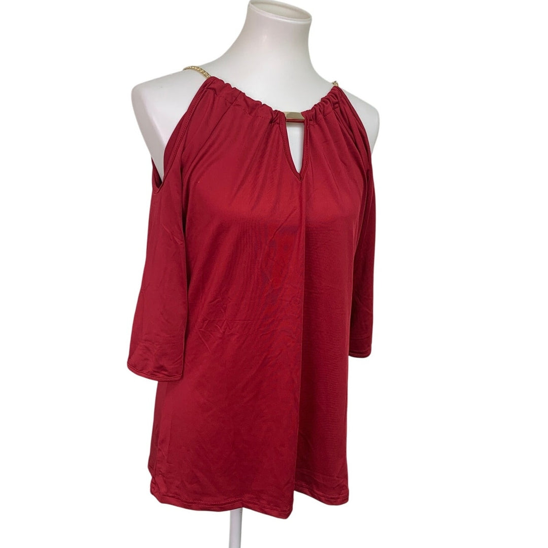 Womens XL Poly Cotton Cold Shoulder Chain Necklace Long Sleeve Red Blouse Top