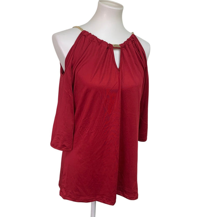 Womens XL Poly Cotton Cold Shoulder Chain Necklace Long Sleeve Red Blouse Top