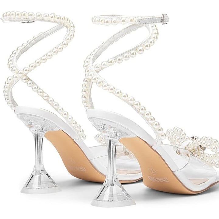 Dream Pairs Womens Size 8 White Pearl Open Toe Clear Strap 4" Heel Pump Shoes