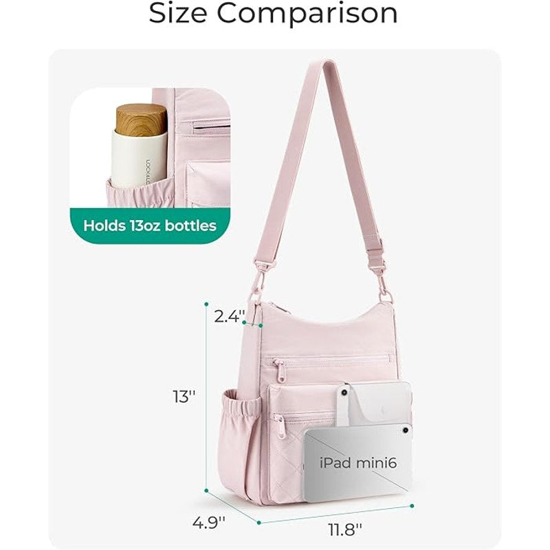 Bagsmart Womens Pink Nylon Multi Zip Pocket Crossbody Travel Handbag Purse
