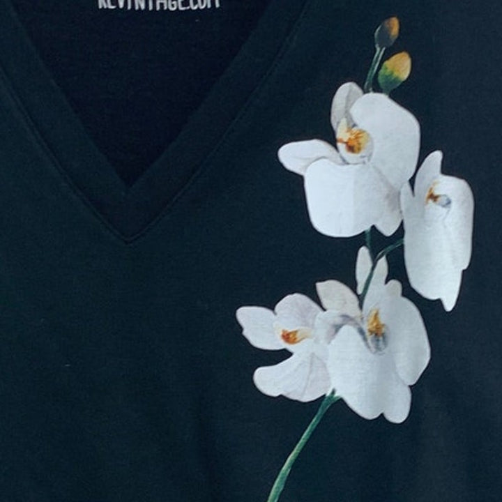 New Hand Printed Womens Medium White Orchid Flower Long Sleeve Deep V Sweatshirt
