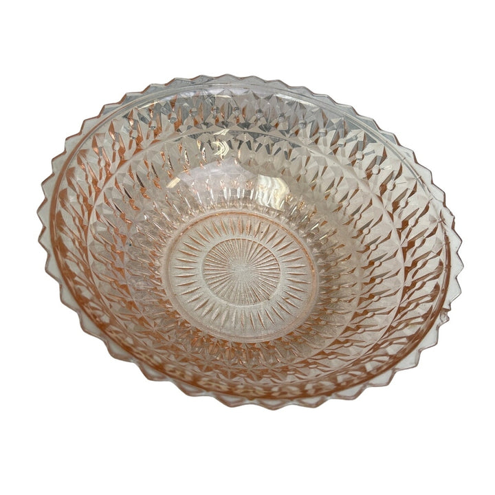 Vintage Large Crystal Cut Pale Pink 8.5" Round Glass Serving Bowl Small Chip