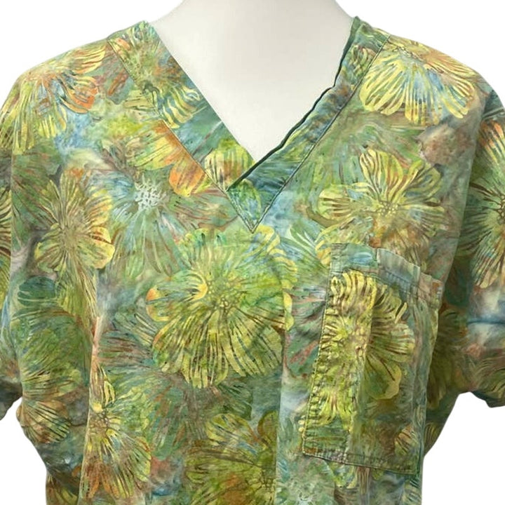 SCRUBS Brand Womens Large Muted Floral Cotton V-Neck Short Sleeve Scrub Top