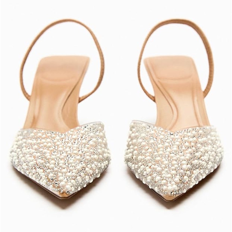Yiya Womens 7.5 Clear Silver White Studded Pointed Toe Slingback 3" Heels Shoes