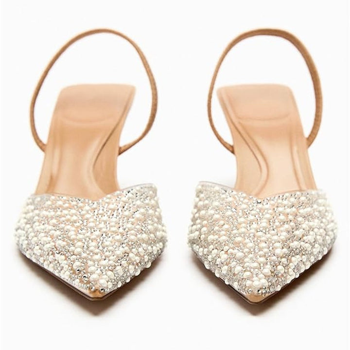 Yiya Womens 7.5 Clear Silver White Studded Pointed Toe Slingback 3" Heels Shoes