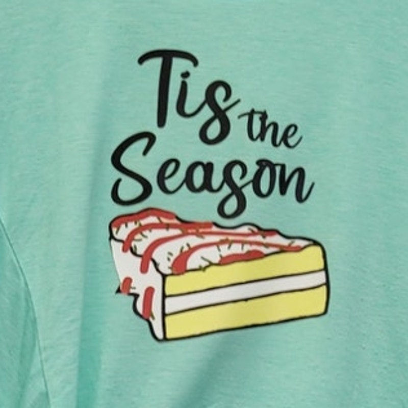 Hand Printed Upcycled Womens Large Christmas Tis The Season Tree Snack Cake Tee
