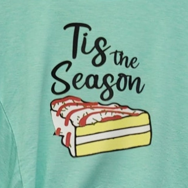 Hand Printed Upcycled Womens Large Christmas Tis The Season Tree Snack Cake Tee