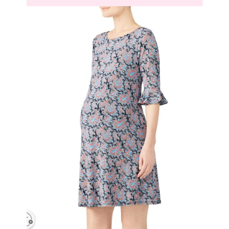 Leota Blake Flounce Womens XL Blue Paisley 3/4 Sleeve Crew Neck Maternity Dress