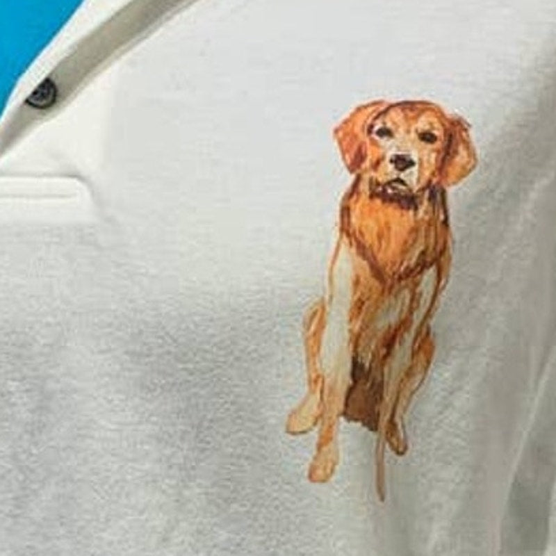 Upcycled Hand Printed Mens Medium Golden Retriever Puppy Dog Polo Shirt