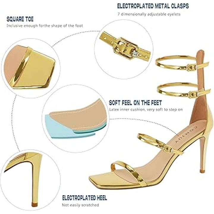 Comjuy Womens Size 7 Shiny Gold Strappy 3.5" High Heels Open Toe Wedding Shoes