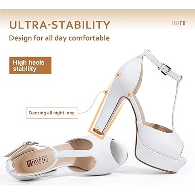 New Idifu Womens Size 8 White Peep Toe Ankle T Strap 5" Platform Heels Shoes