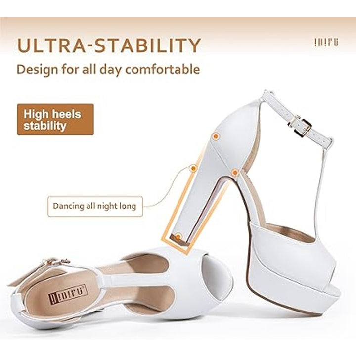 New Idifu Womens Size 8 White Peep Toe Ankle T Strap 5" Platform Heels Shoes
