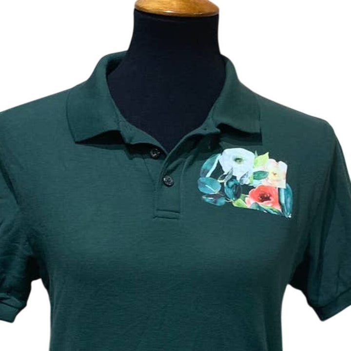 Upcycled Hand Printed Youth Large Flower Peony Short Sleeve Collared Polo Shirt