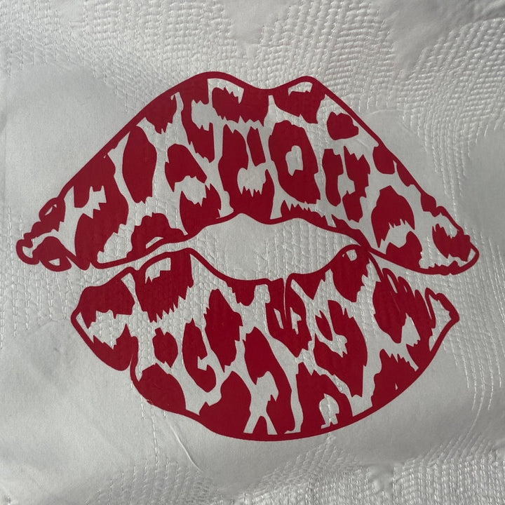 Hand Printed Upcycled Valentine Leopard Spot Kiss Lips King Size Pillow Sham
