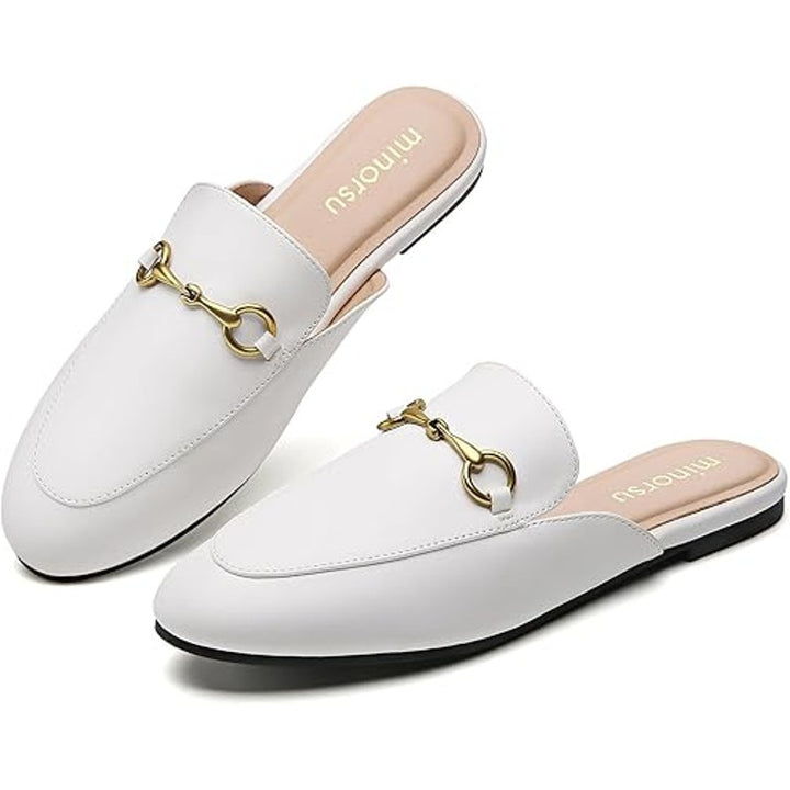 New Minorsu Womens Size 6.5 White Faux Leather Close Toe Slip On Flat Mule Shoes