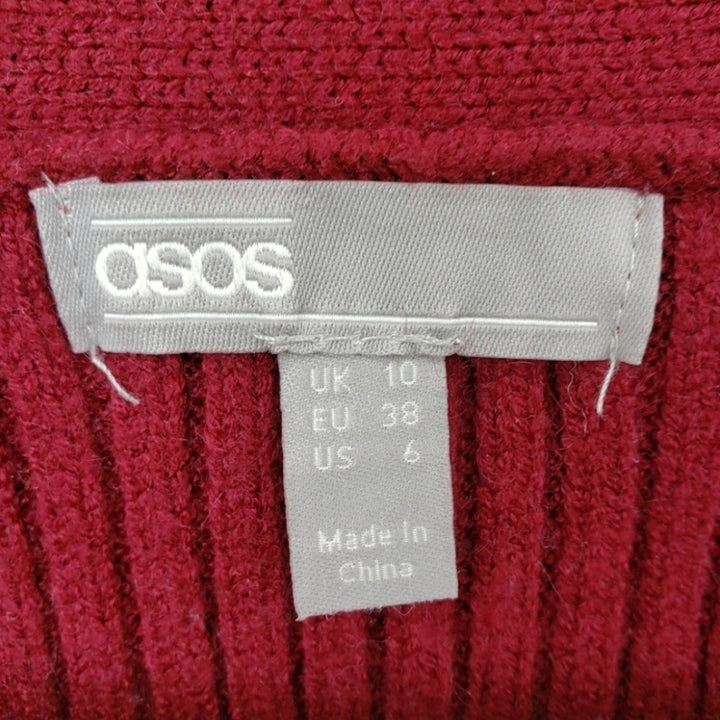 ASOS Womens Size 6 Red Ribbed Long Sleeve Button Up Knit Cropped Cardigan