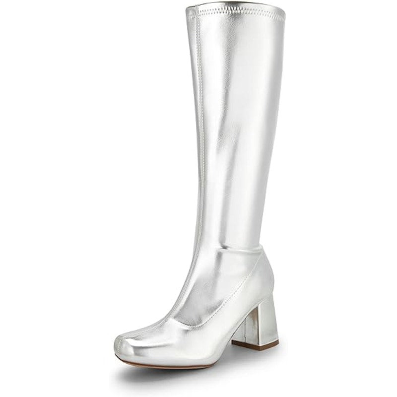 Dream Pairs Womens Size 6 Shiny Silver 3" Block Heel Zip Up Knee High Gogo Boots