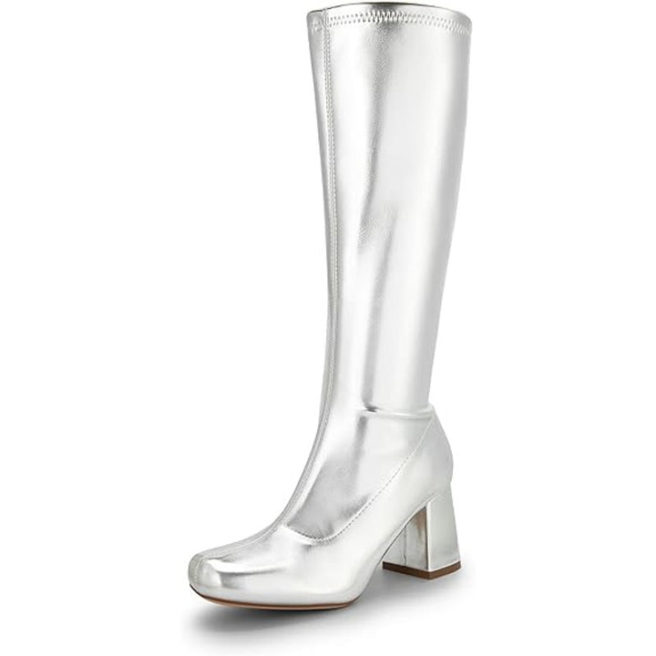 Dream Pairs Womens Size 6 Shiny Silver 3" Block Heel Zip Up Knee High Gogo Boots