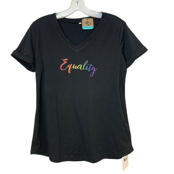 New Hand Printed Womens Small Black Equality Rainbow Pride VNeck Tee Shirt