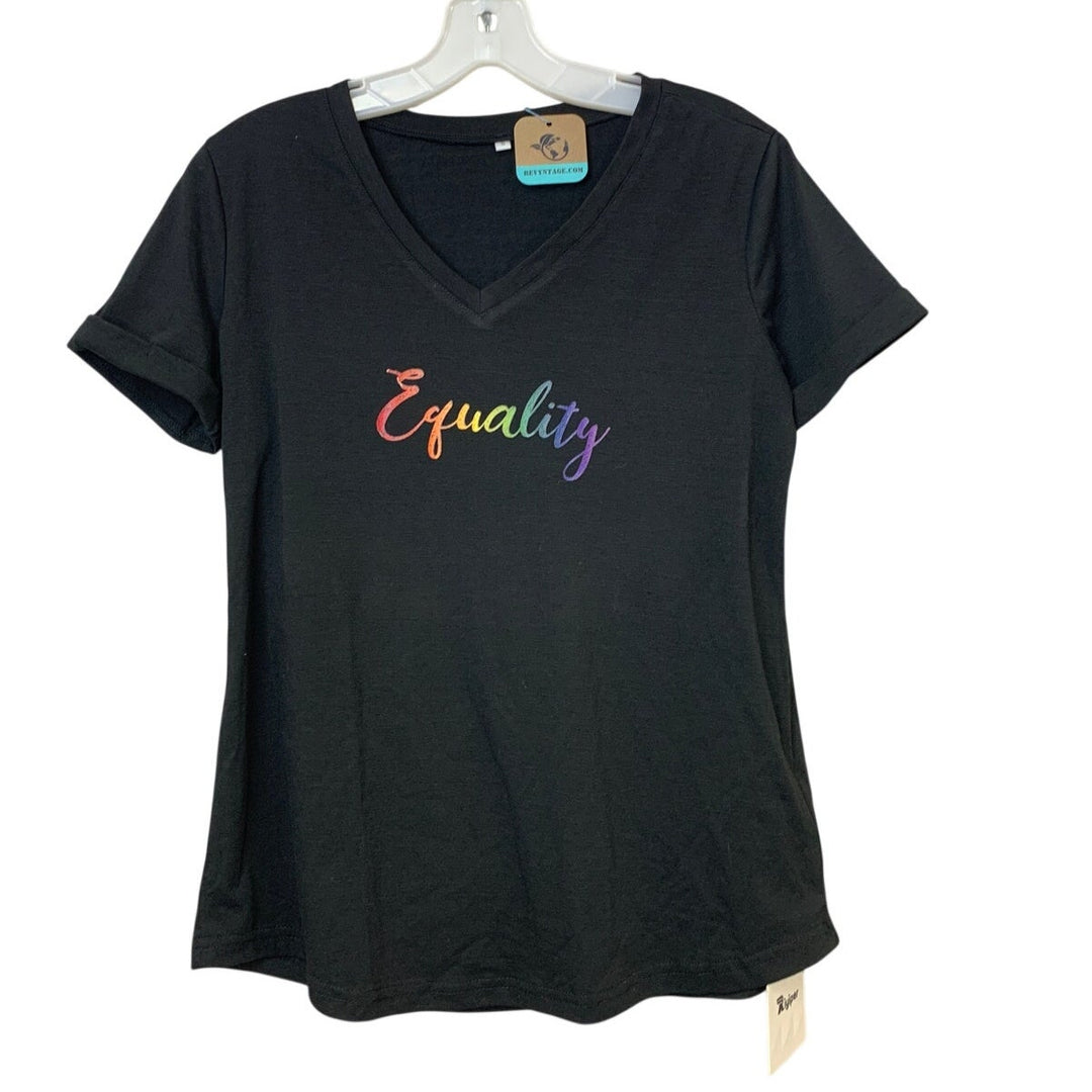 New Hand Printed Womens Small Black Equality Rainbow Pride VNeck Tee Shirt