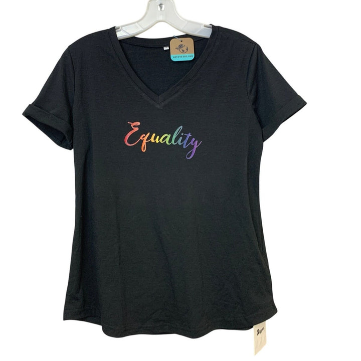 New Hand Printed Womens Small Black Equality Rainbow Pride VNeck Tee Shirt