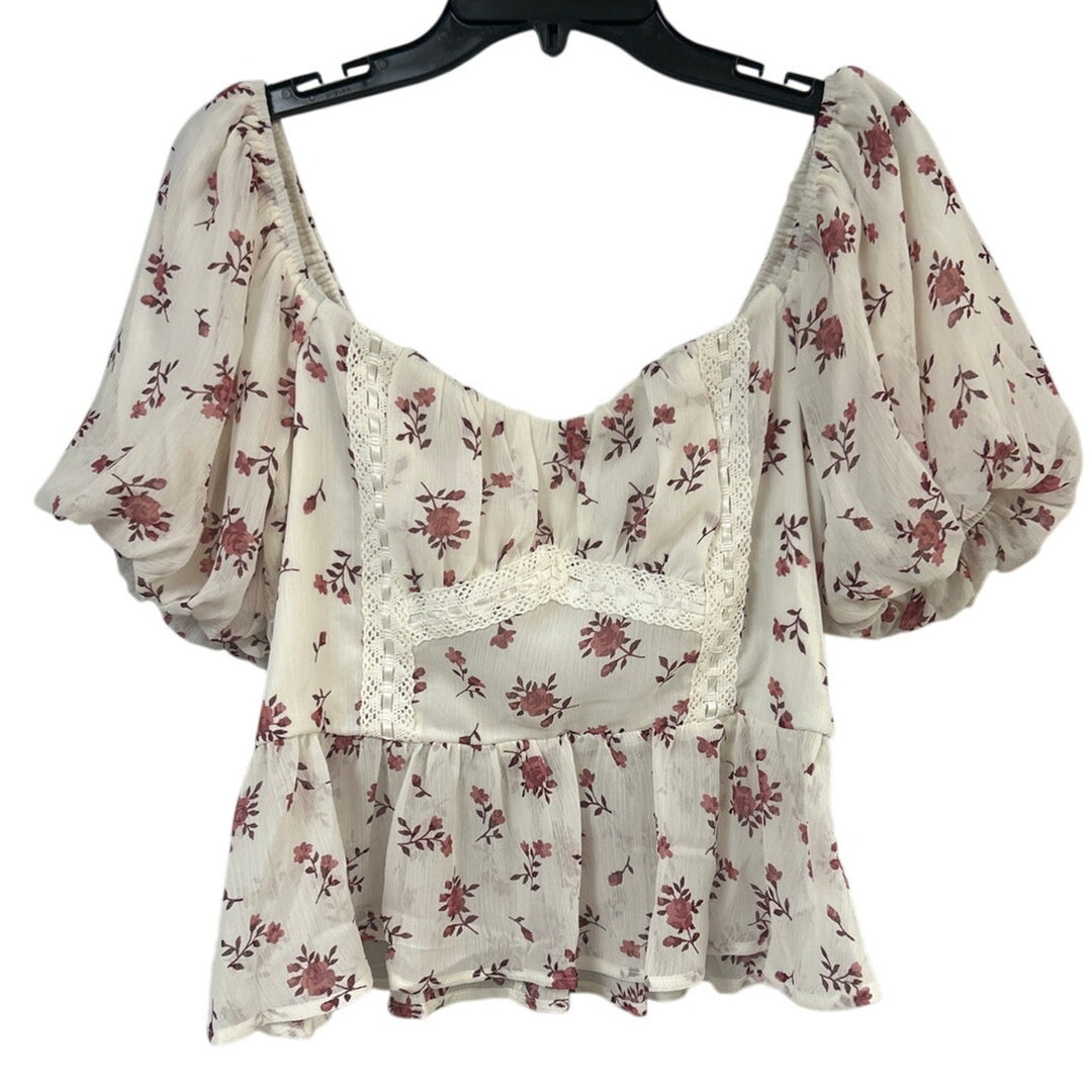 New Francescas Womens XS Cream Pink Floral Boho Blouson Cottage Smocked Top
