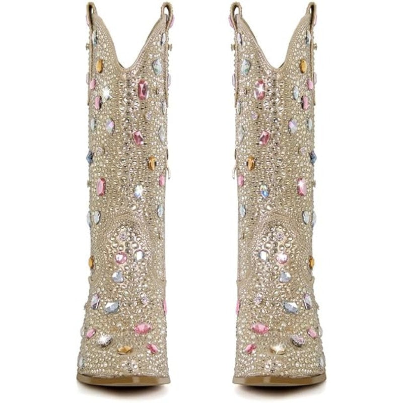 Richealnana Womens Size 11 Sparkly Rhinestone Calf High Cowboy Western Boots